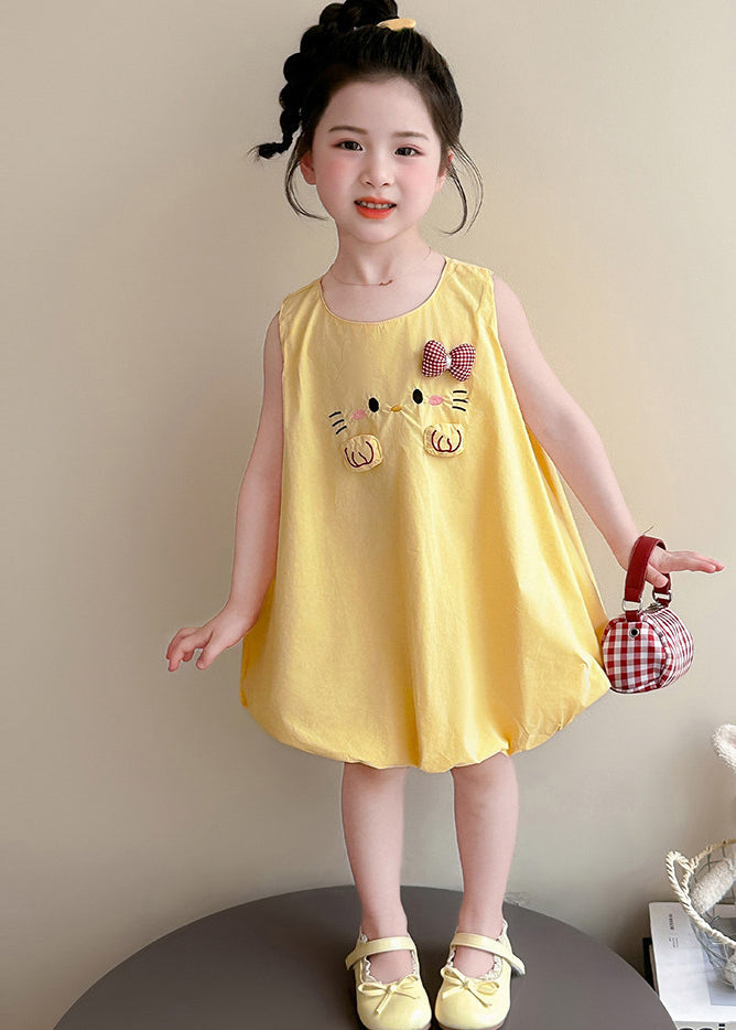 Cute Yellow Cat Embroideried Cotton Baby Girls Dress Summer