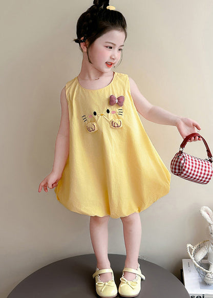 Cute Yellow Cat Embroideried Cotton Baby Girls Dress Summer