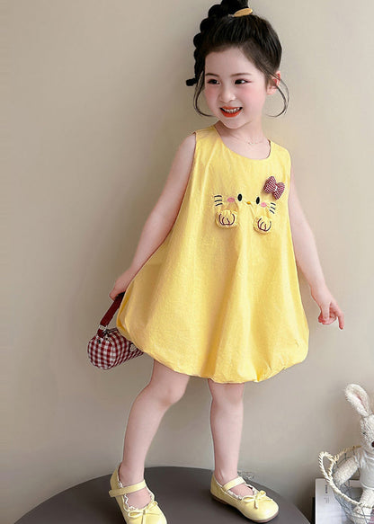 Cute Yellow Cat Embroideried Cotton Baby Girls Dress Summer
