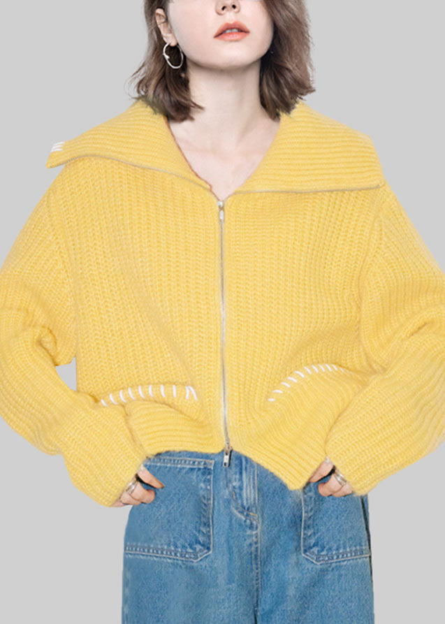 Cute Yellow Peter Pan Collar Zippered Cotton Knit Cardigans Fal