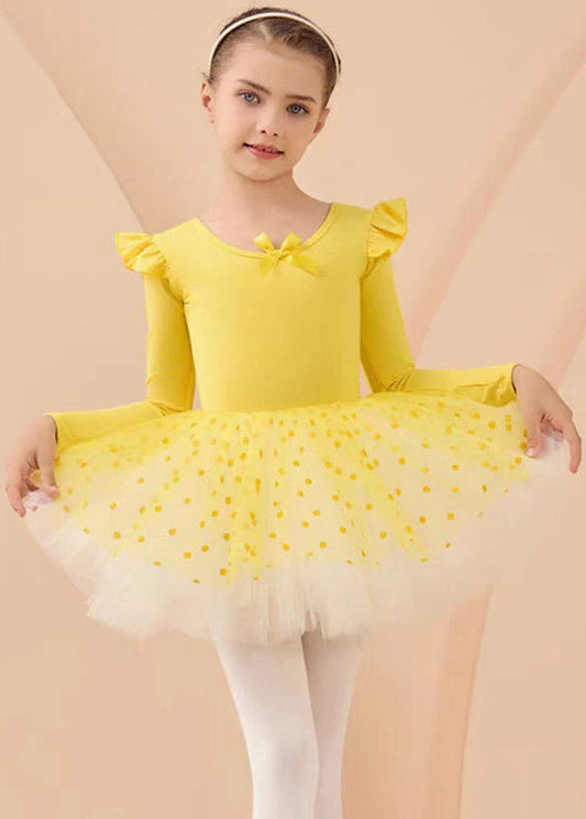 Cute Yellow Ruffled Patchwork Girls Dance Costume Two Pieces Set Spring