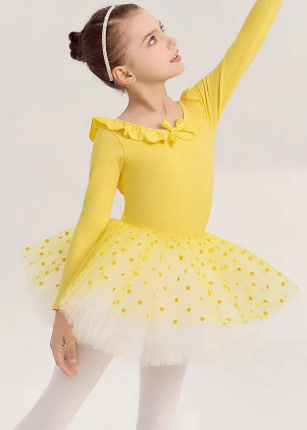 Cute Yellow Ruffled Patchwork Girls Dance Costume Two Pieces Set Spring