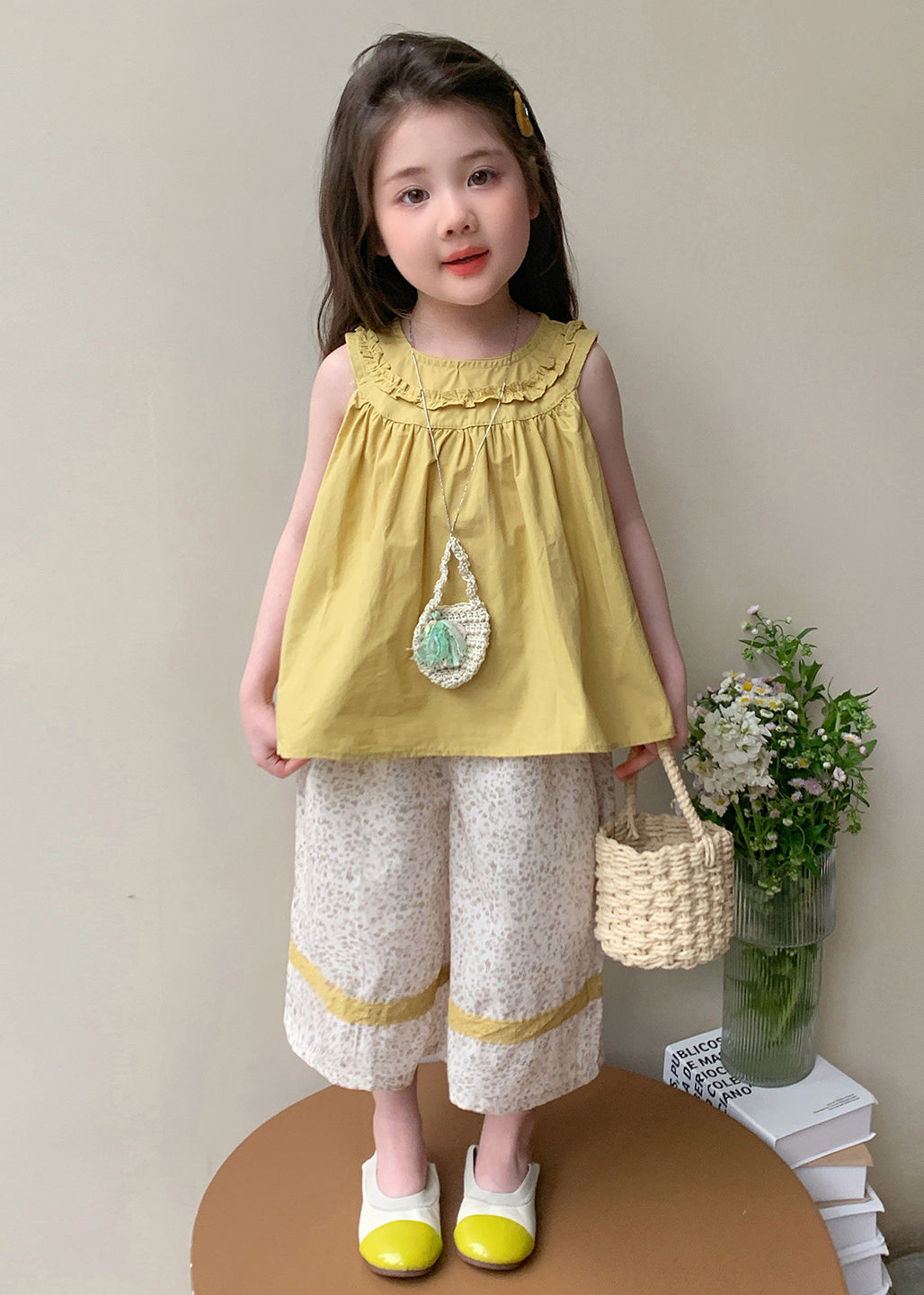 Cute Yellow Ruffled Print Cotton Kids Girls Two Piece Set Summer