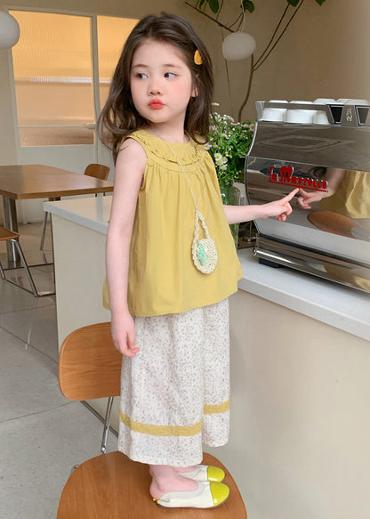 Cute Yellow Ruffled Print Cotton Kids Girls Two Piece Set Summer