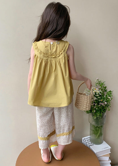 Cute Yellow Ruffled Print Cotton Kids Girls Two Piece Set Summer