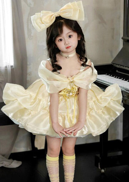 Cute Yellow Slash Neck Patchwork Silk Girls Vacation Mid Dress Summer