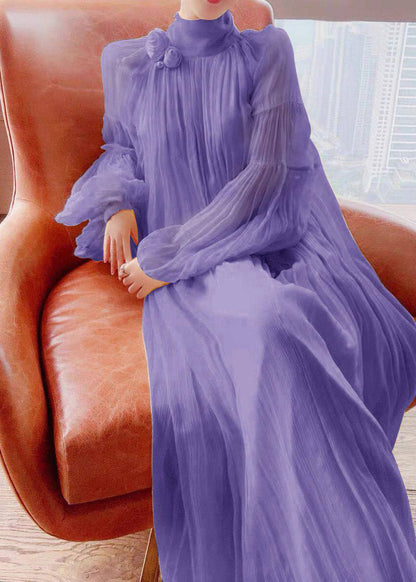 Cute Yellow Wrinkled Patchwork Chiffon Long Dress Lantern Sleeve