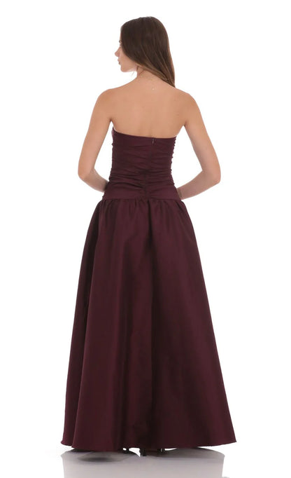 Cutout Drop Waist Strapless Maxi Dress in Wine