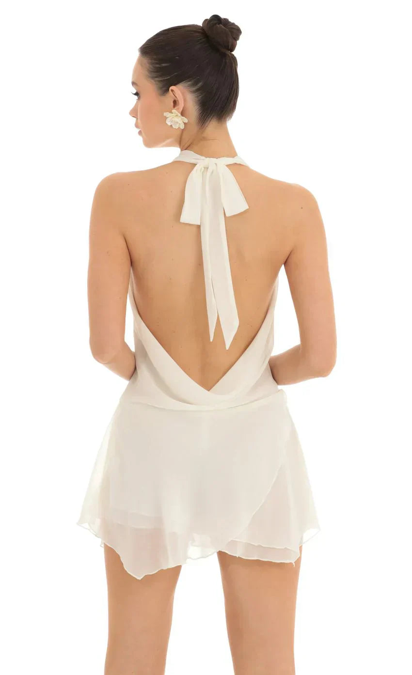 Draped Plunge Neck Dress in White