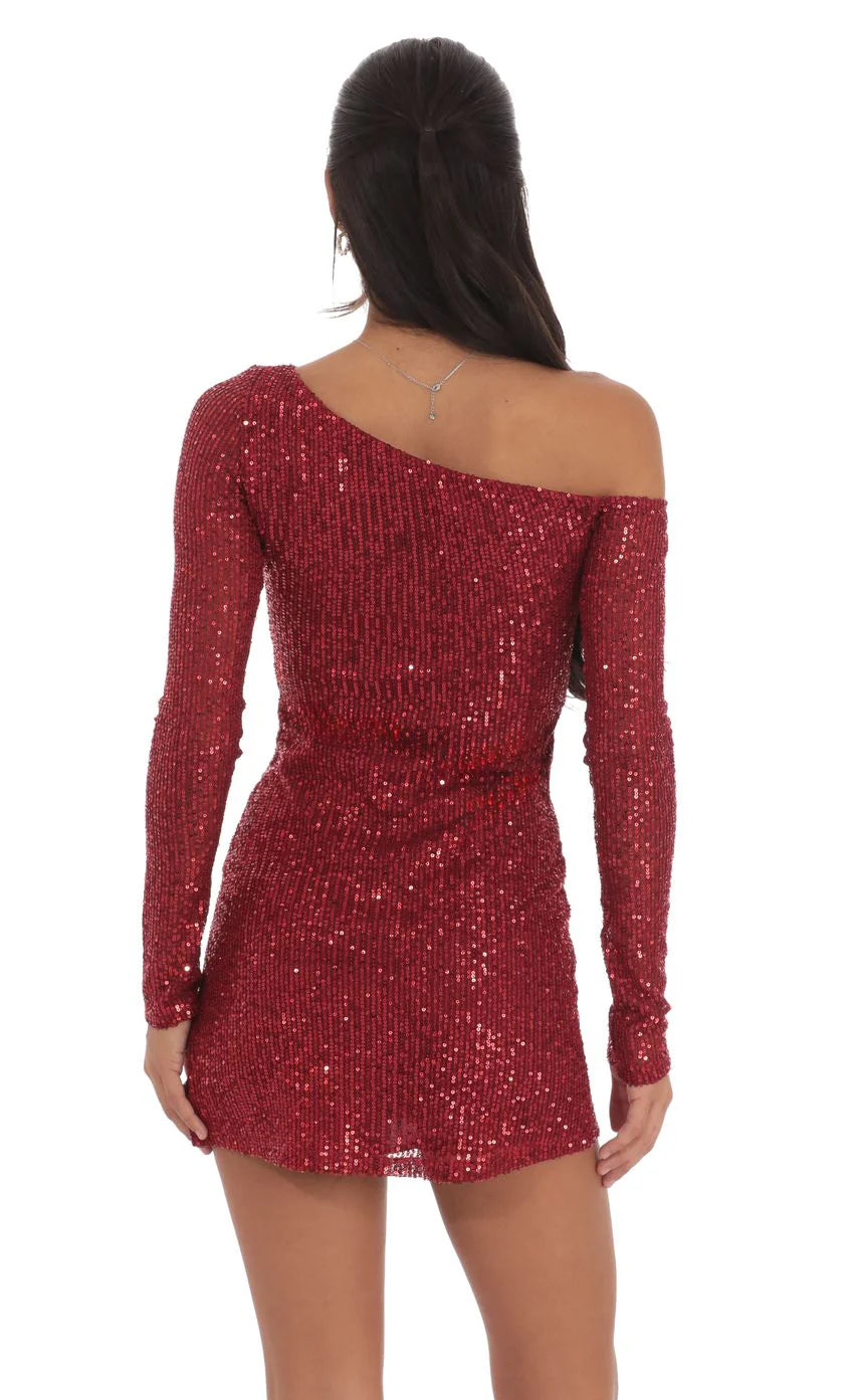 Sequin One Off Shoulder Bodycon Dress in Red