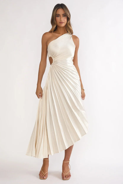 Brooklynn One-Shoulder Accordion Pleat Dress Champagne