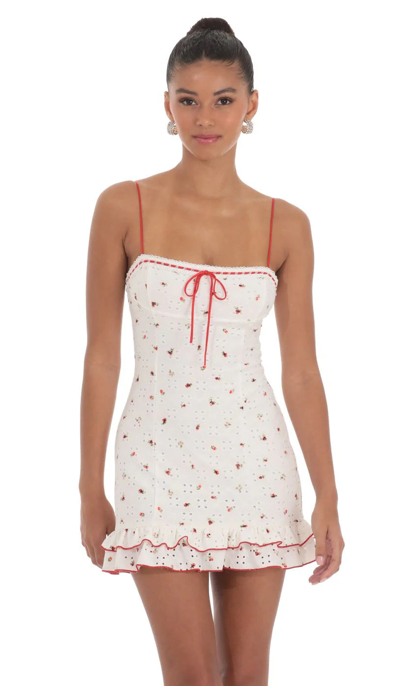 Floral Eyelet Ruffle Dress in White