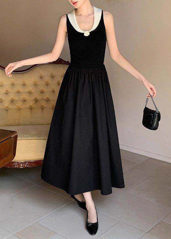 DIY Black Patchwork Flower Cotton Holiday Dress Sleeveless