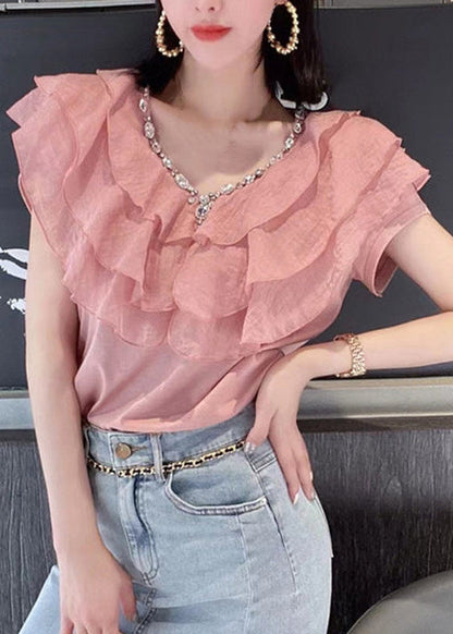 DIY Black Ruffled Rhinestone Cotton Shirts Summer