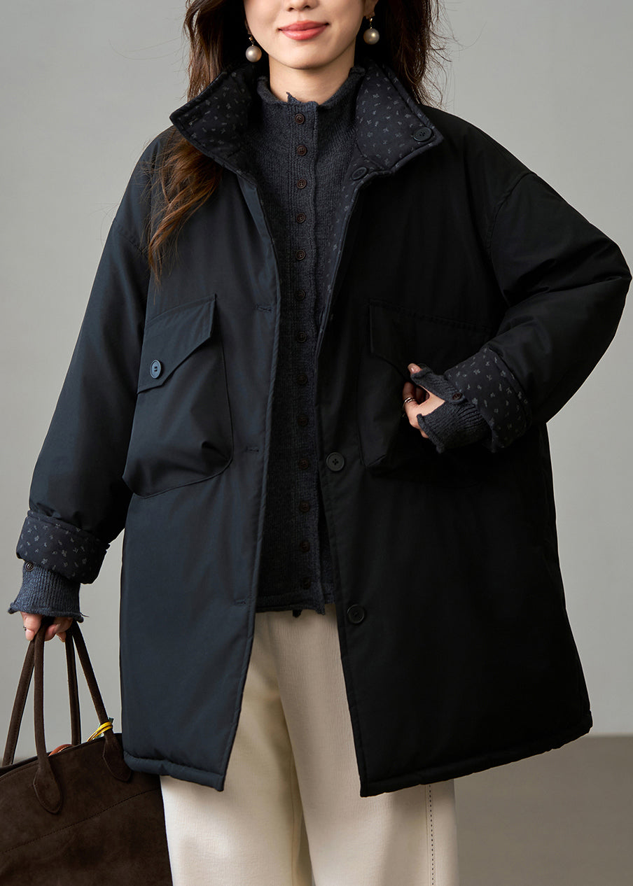 DIY Black Stand Collar Wear On Both Sides Fine Cotton Filled Winter Coats