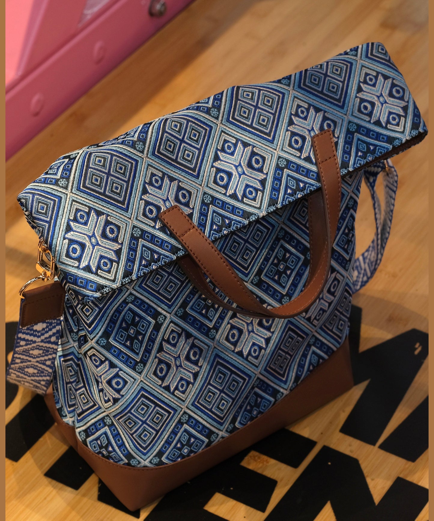 DIY Blue Jacquard Patchwork Large Capacity Faux Leather Tote Handbag