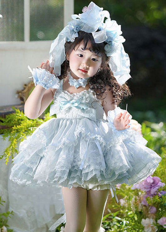 DIY Blue Patchwork Tulle Kids Mid Spaghetti Strap Dress And Shorts Two Piece Set Sleeveless