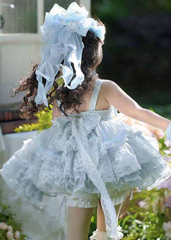 DIY Blue Patchwork Tulle Kids Mid Spaghetti Strap Dress And Shorts Two Piece Set Sleeveless