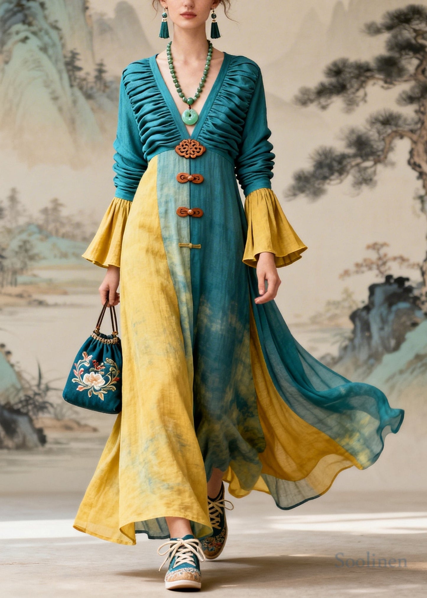 DIY Blue Tie Dye Patchwork Wrinkled Cotton Robe Dresses Flare Sleeve