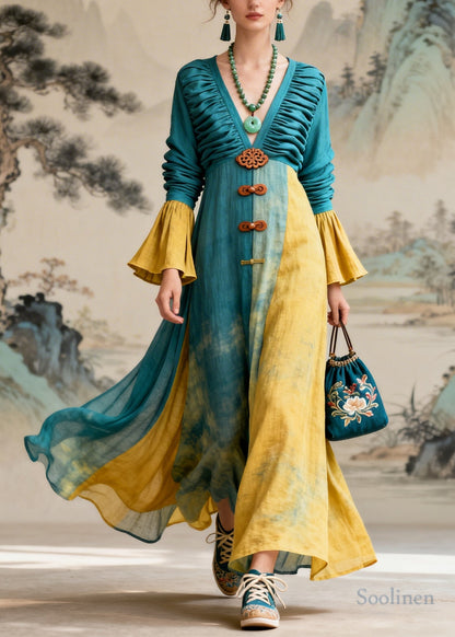 DIY Blue Tie Dye Patchwork Wrinkled Cotton Robe Dresses Flare Sleeve
