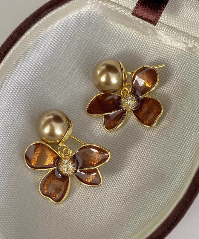 DIY Coffee Alloy Pearl Floral Drip Glaze Stud Earrings