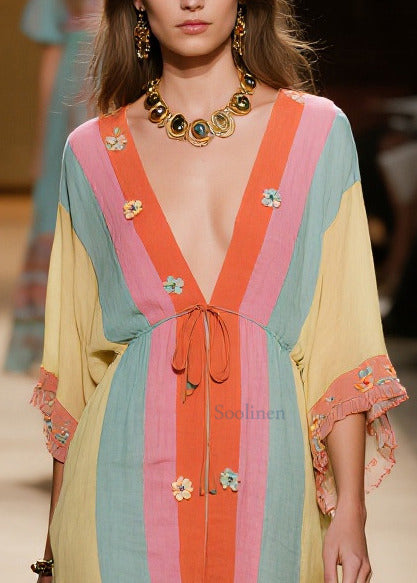 DIY Colorblock Ruffled Patchwork Flower Cotton Vacation Dresses Summer