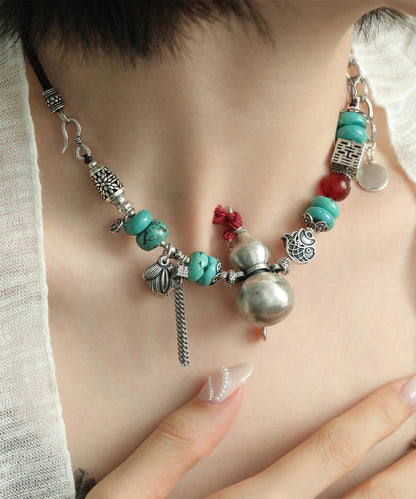 DIY Colorblock Sterling Silver Calabash Agate Double Happiness Pendant Necklace