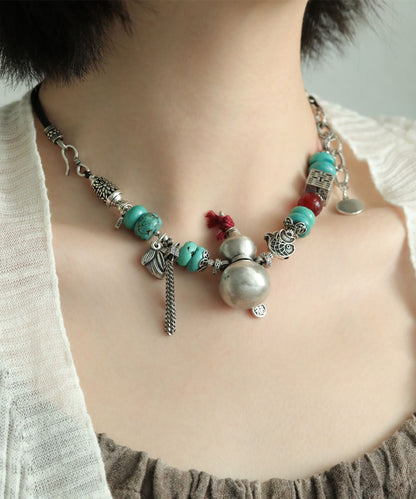 DIY Colorblock Sterling Silver Calabash Agate Double Happiness Pendant Necklace