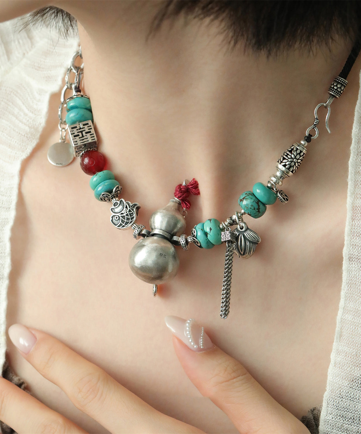 DIY Colorblock Sterling Silver Calabash Agate Double Happiness Pendant Necklace
