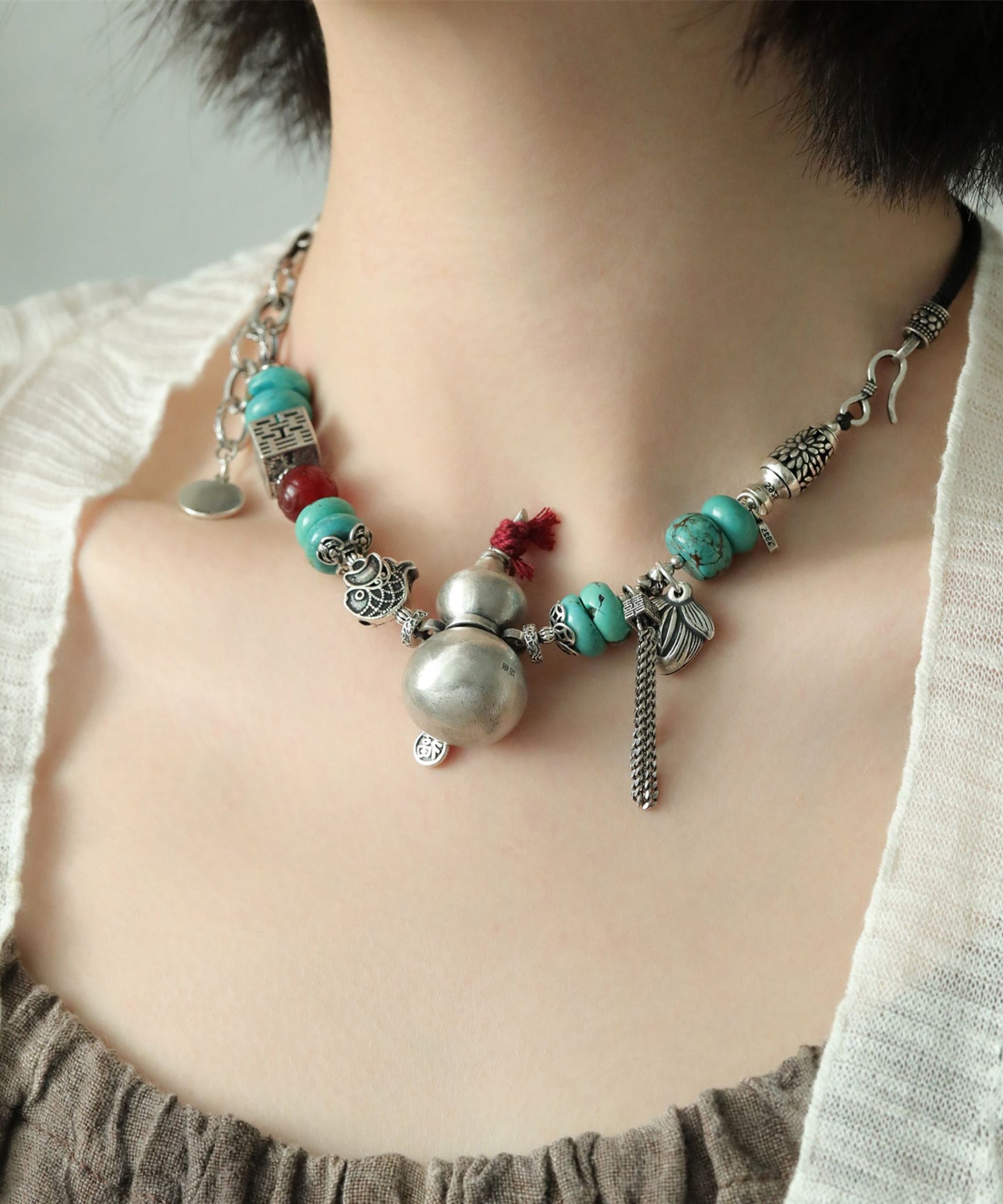 DIY Colorblock Sterling Silver Calabash Agate Double Happiness Pendant Necklace