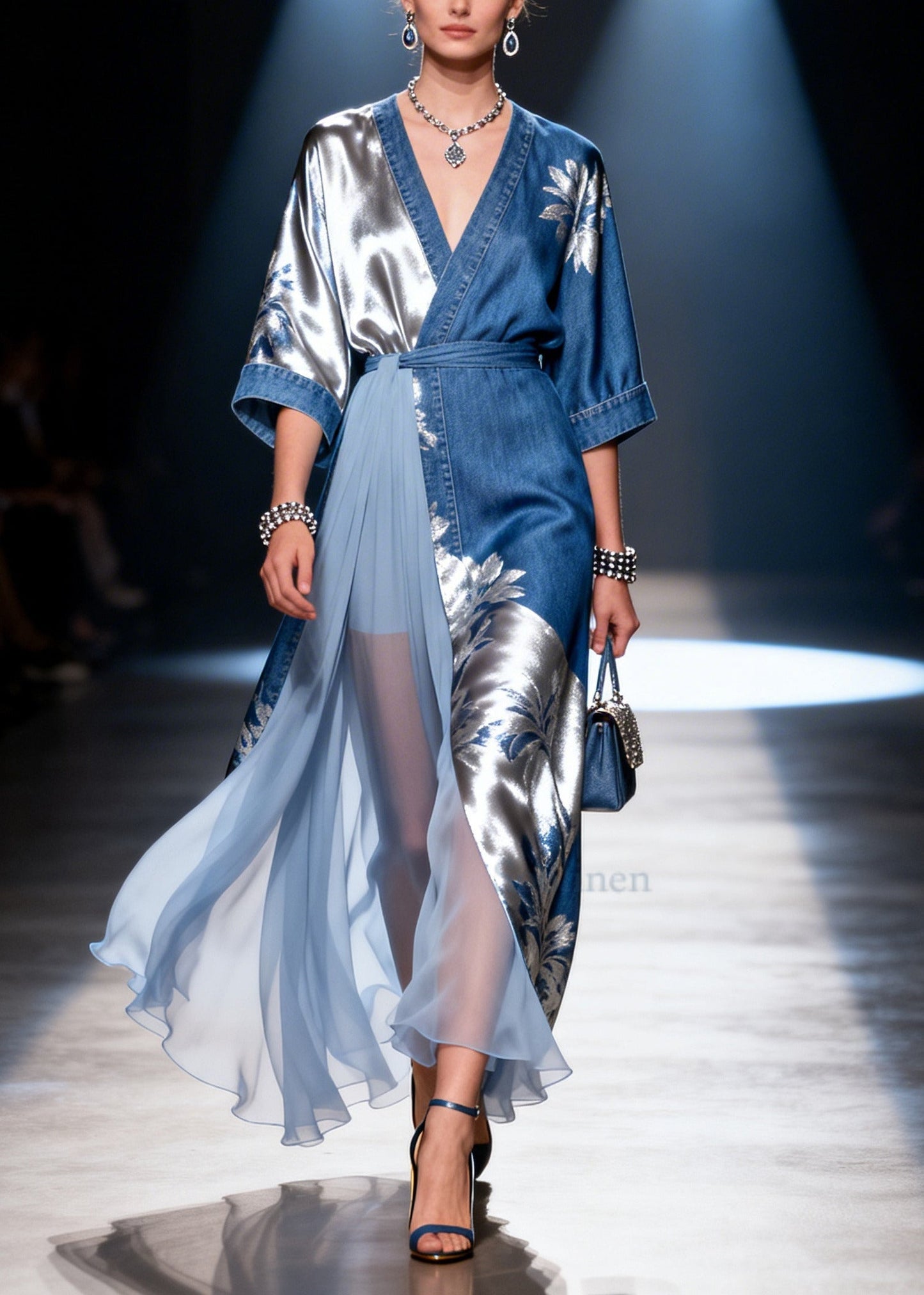DIY Denim Blue Print Asymmetrical Patchwork Tulle Dress Summer