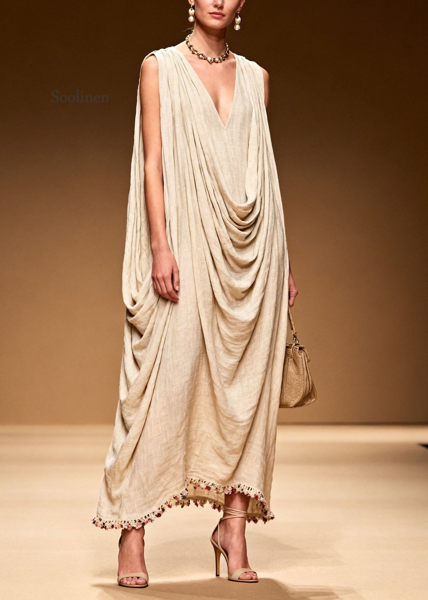 DIY Floral Patchwork Wrinkled Linen Long Dresses Sleeveless