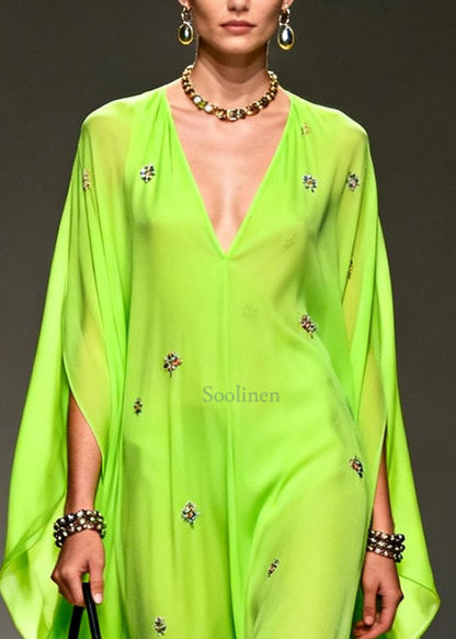DIY Fluorescent Green Embroidered Chiffon Maxi Dresses Batwing Sleeve