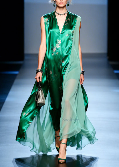 DIY Green Asymmetrical Patchwork Chiffon Holiday Dress Sleeveless