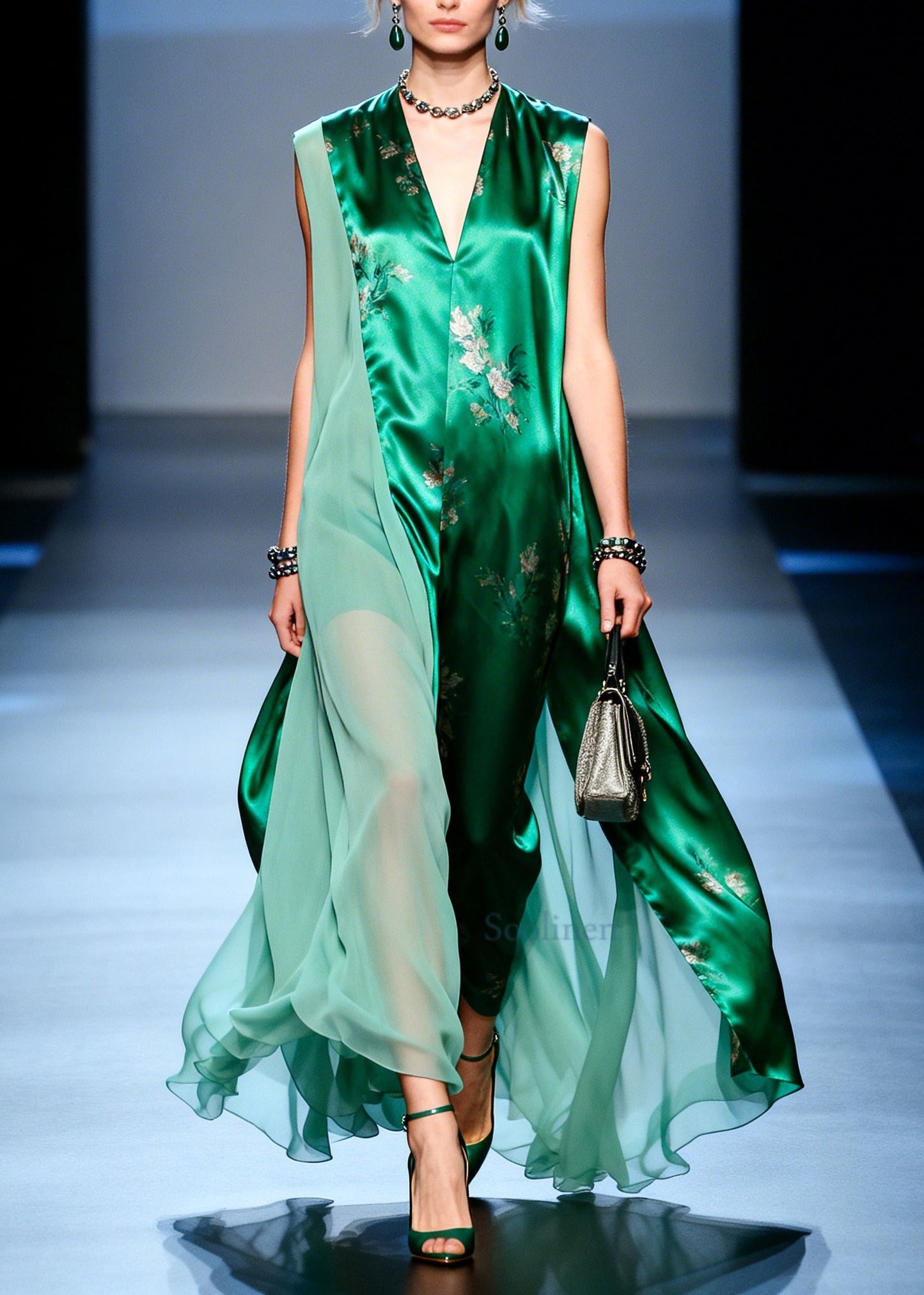 DIY Green Asymmetrical Patchwork Chiffon Holiday Dress Sleeveless