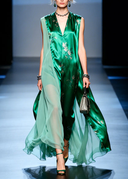 DIY Green Asymmetrical Patchwork Chiffon Holiday Dress Sleeveless