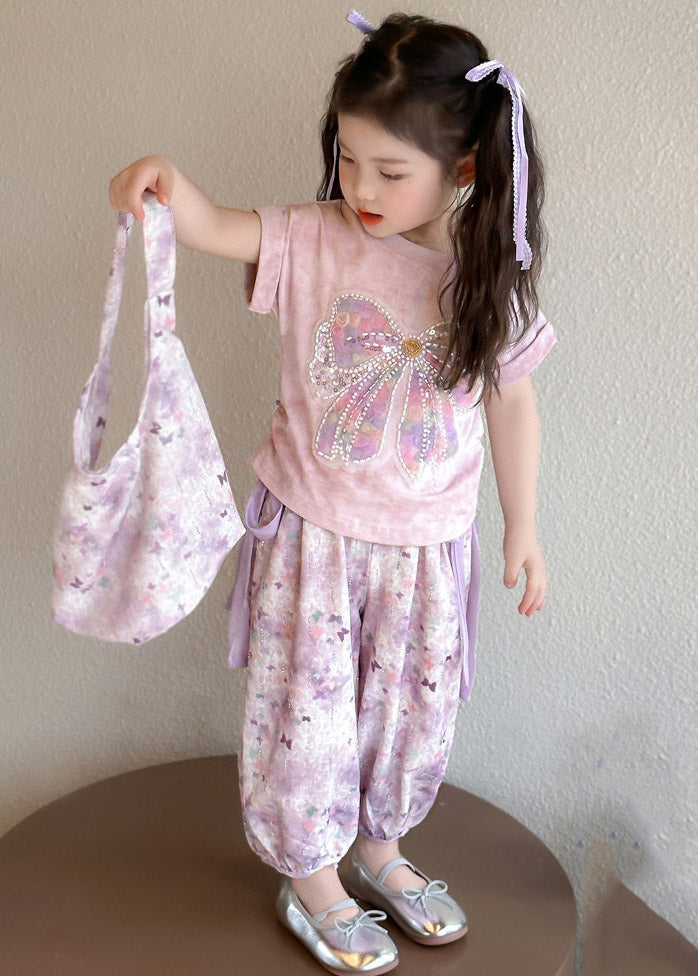 DIY Light Purple O-Neck Bow Kids T Shirt And Lantern Pants Two Pieces Set Short Sleeve