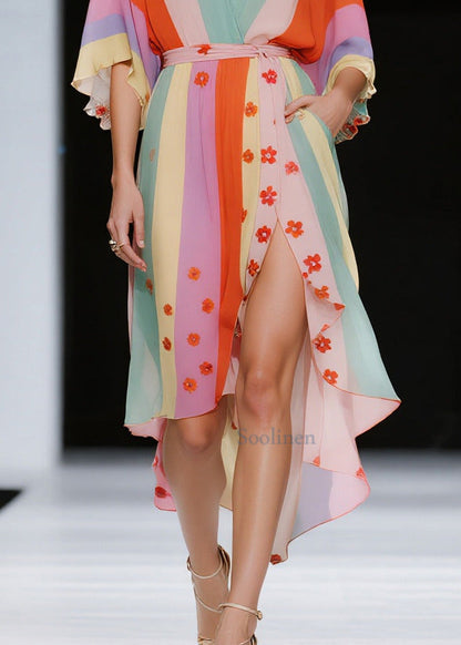 DIY Multicolored Asymmetrical Striped Chiffon Vacation Dresses Summer