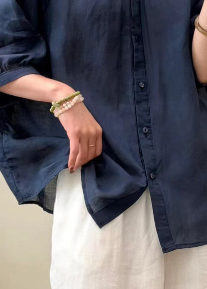 DIY Navy Oversized Wrinkled Linen Shirt Top Summer