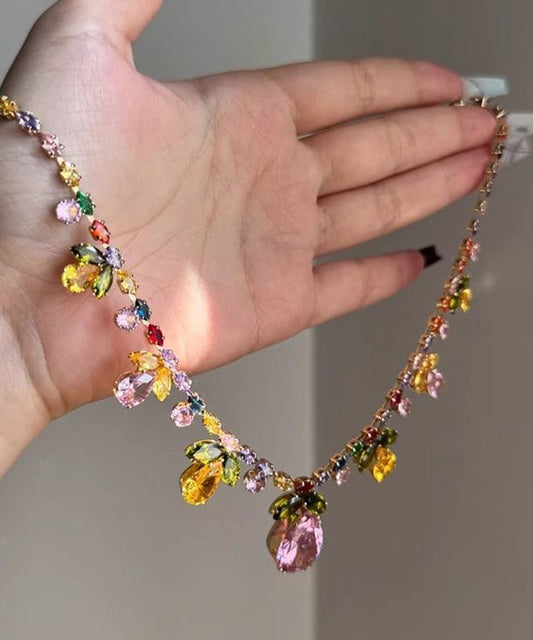 DIY Rainbow Alloy Crystal Floral Leaf Water Droplet Pendant Necklace