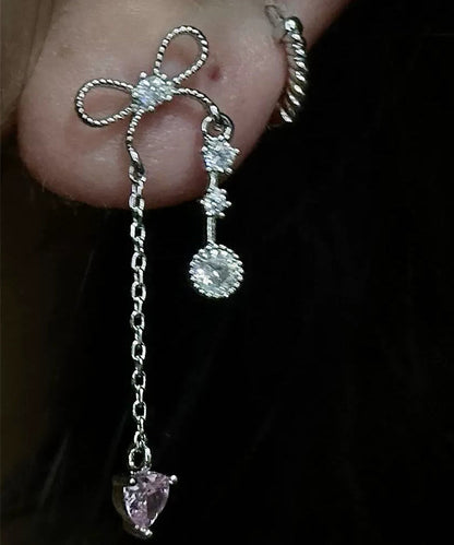 DIY Silk Copper Zircon Love Bow Tassel Single Drop Earrings
