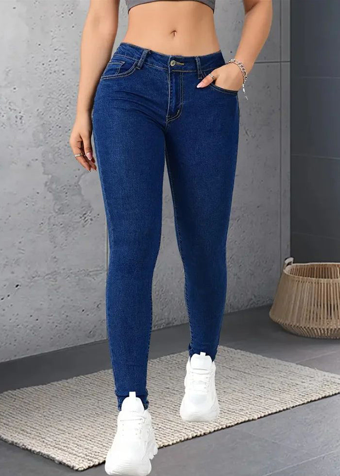 Dark Blue Pockets Button Patchwork Solid Denim Pants