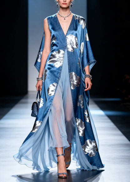 Denim Blue Patchwork Chiffon Dresses Asymmetrical Side Open Summer