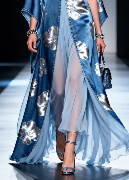 Denim Blue Patchwork Chiffon Dresses Asymmetrical Side Open Summer