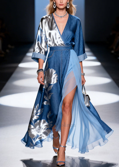 Denim Blue Patchwork Tulle Dress Asymmetrical Side Open Summer