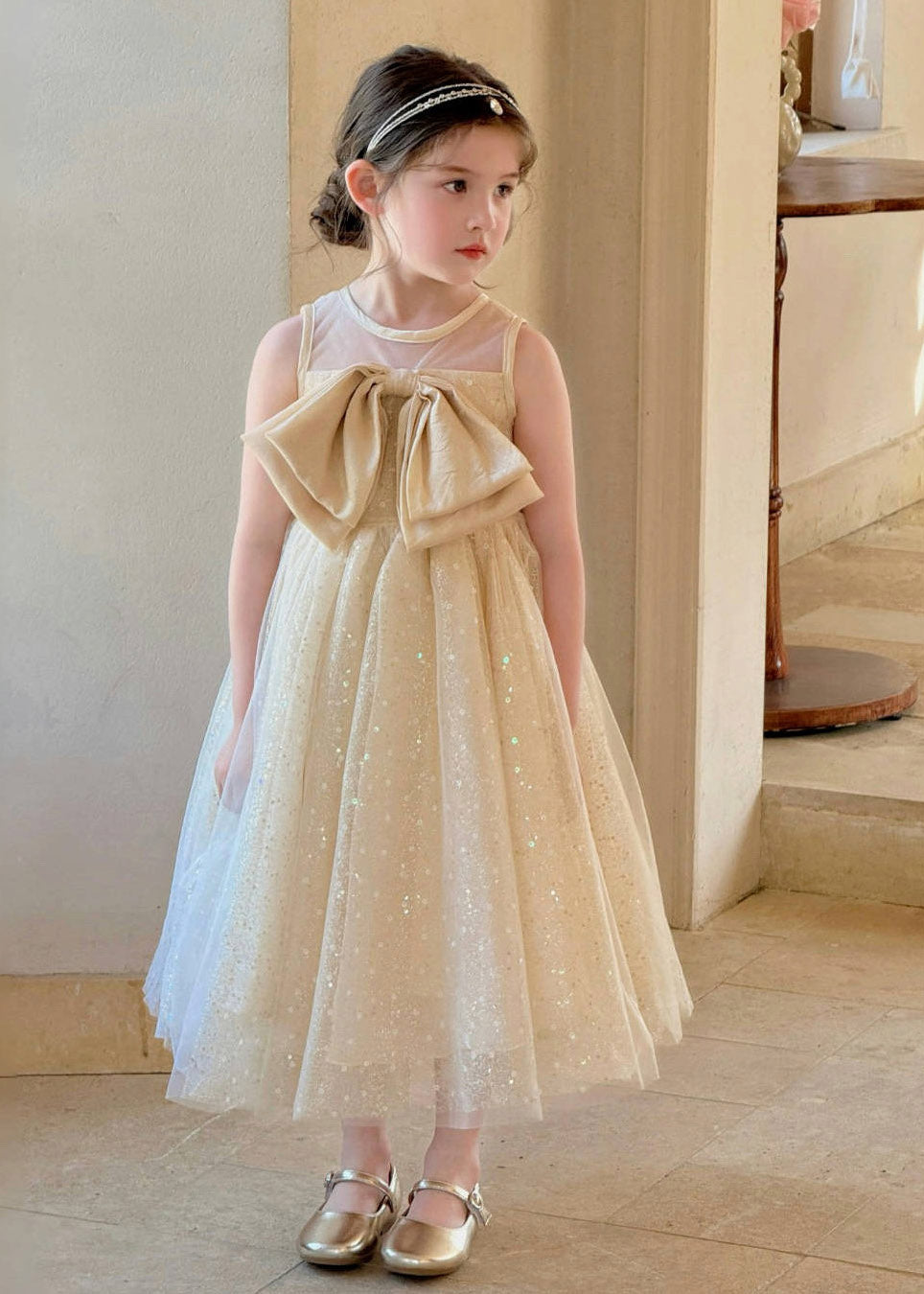 Dinner Apricot Patchwork Bow Tulle Kids Maxi Dresses Sleeveless