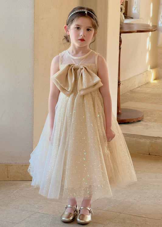 Dinner Apricot Patchwork Bow Tulle Kids Maxi Dresses Sleeveless