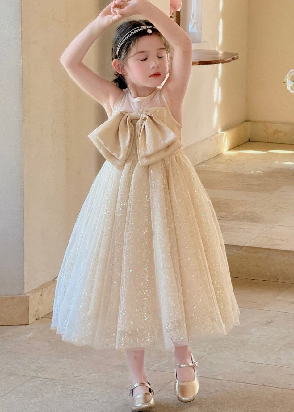 Dinner Apricot Patchwork Bow Tulle Kids Maxi Dresses Sleeveless