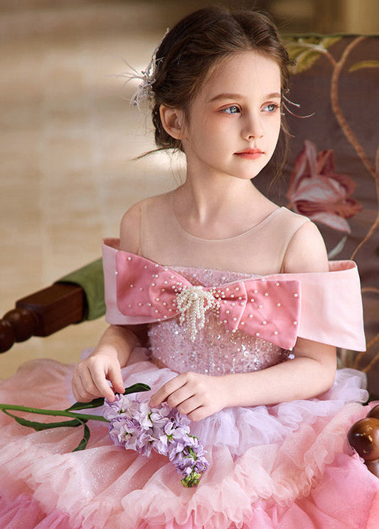 Dinner Pink Patchwork Bow Tulle Girls Maxi Cake Dresses Short Sleeve