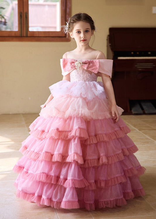 Dinner Pink Patchwork Bow Tulle Girls Maxi Cake Dresses Short Sleeve